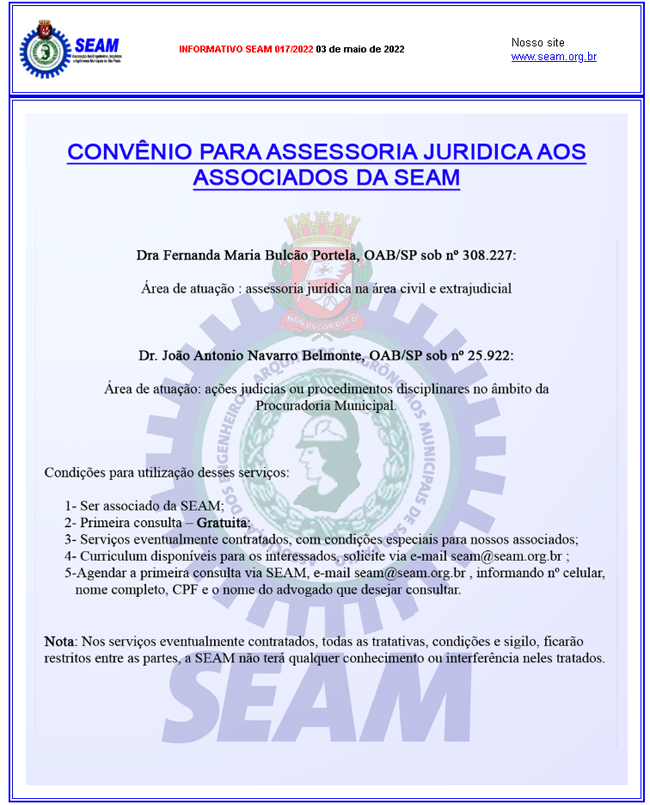 017 – CONVÊNIO PARA ASSESSORIA JURIDICA AOS ASSOCIADOS DA SEAM