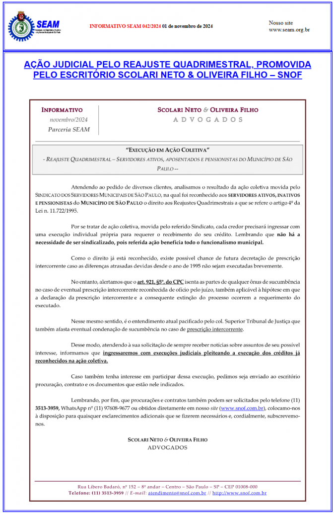 042 – AÇÃO JUDICIAL PELO REAJUSTE QUADRIMESTRAL, PROMOVIDA PELO ESCRITÓRIO  SCOLARI NETO & OLIVEIRA FILHO – SNOF