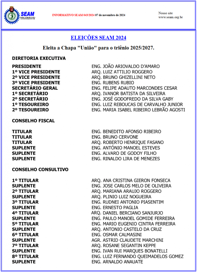 043 – ELEIÇÕES SEAM 2024